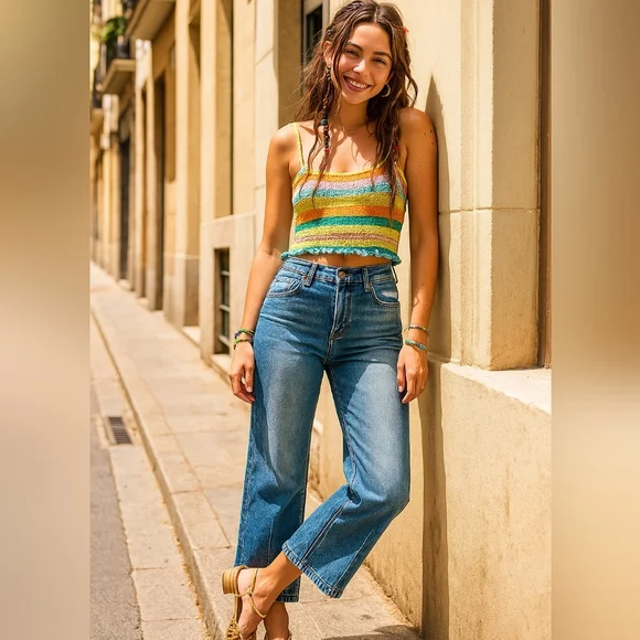 RISEN Barrel Jeans High-rise Boyfriend Vertical Seam Cropped Denim Distressed - Picture 15 of 16